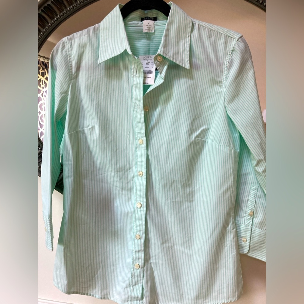 J CREW Cotton Green and White Striped Button Front Blouse Size Small